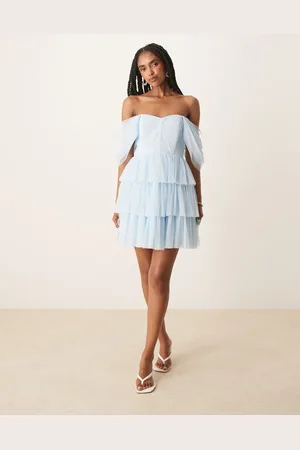 Lace & Beads Off shoulder corset tulle mini dress in sky