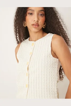 ASOS Co-ord textured semi sheer crochet waistcoat top in cream - STONE