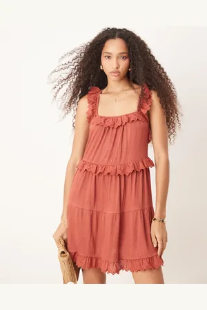 ASOS Lace insert ruffle tiered swing mini dress in rust