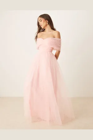 Lace & Beads Bow off shoulder tulle maxi dress in soft