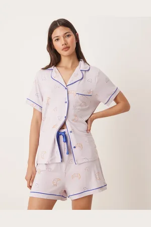 ASOS Super soft premium short sleeve shirt and short pyjama set in lilac croissant print