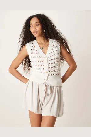 ASOS Open stitch knitted waistcoat with scallop trim and gold buttons in
