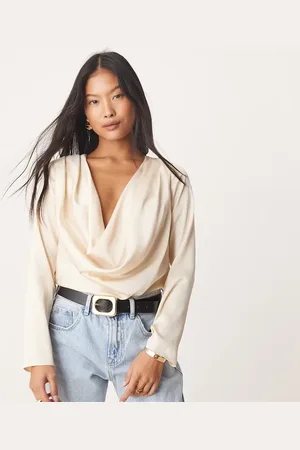 ASOS ASOS DESIGN Petite satin cowl bodysuit in cream