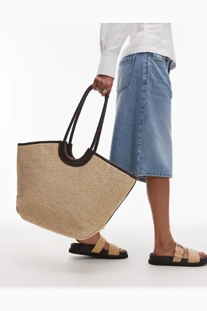 & OTHER STORIES Large straw tote with brown leather details contrast stitches in netural beige