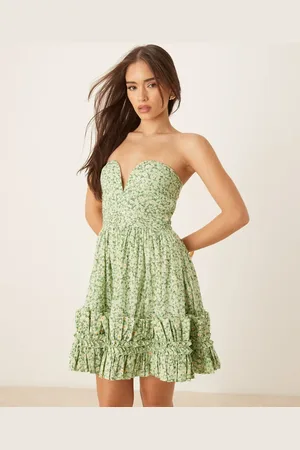 Lace & Beads Bandeau cotton ruffle hem mini dress in daisy