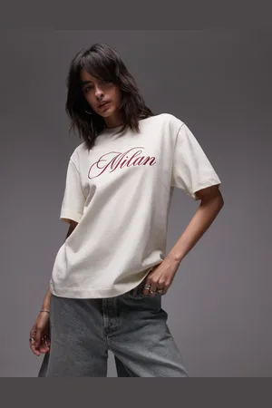Topshop Embroidered milan premium short sleeve tee in buttermilk