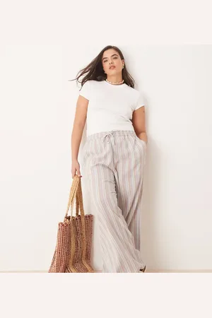 ASOS Curve textured linen look wide leg pull on trousers in stripe