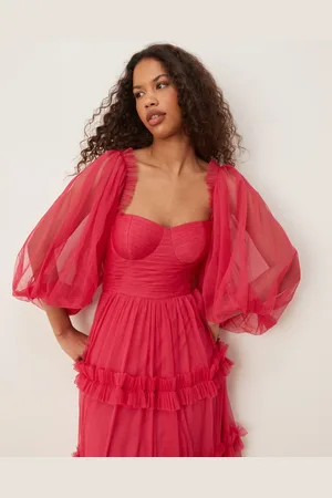 Lace & Beads Corset balloon sleeve ruffle maxi dress in bright fuchsia