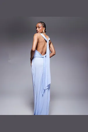 ASOS ASOS DESIGN Tall pleated slash neck maxi dress with knotted back detail in light
