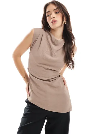 ASOS Drape cowl neck top with open tie back detail in mushroom