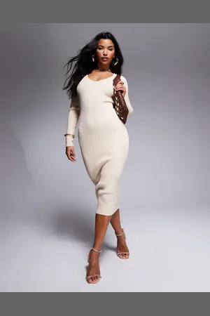 Lulus Long sleeve rib knit jumper midi dress in cream