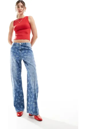 Bershka Cherry bow embroidered wide leg jeans in indigo wash