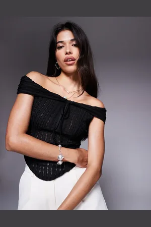 ASOS Texture off the shoulder short sleeve top with tie detail in