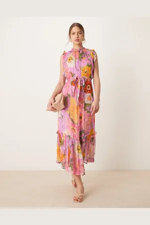 HOPE & IVY High neck ruffle midi dress with tie waist in print