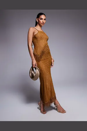 ASOS Asymmetric lace maxi dress with fringing and cut out in bronze