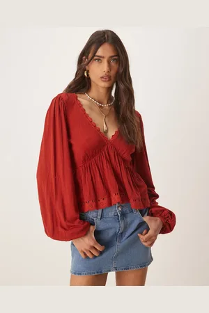 ASOS Crinkle long sleeve tie back top in rust