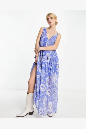 Free People Paisley print v-neck floaty midaxi dress in bluebell