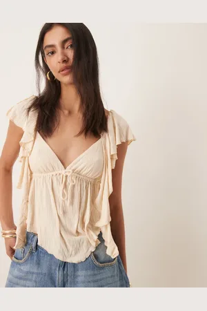 ASOS Crinkle flutter sleeve open back top in cream