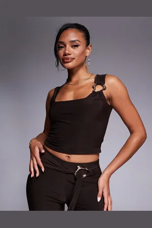 Kaiia Slinky square neck gold hardware detail crop top co-ord in chocolate