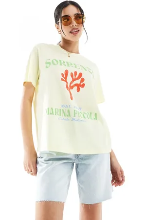 ASOS Linen look regular fit t-shirt with coral graphic in lemon
