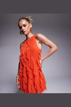 ASOS ASOS DESIGN Petite asymmetric racer neckline ruffle mini dress in spicy