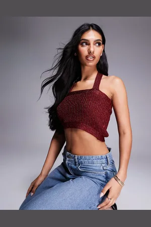 ASOS Knitted wrap bralette in metallic yarn in burgundy