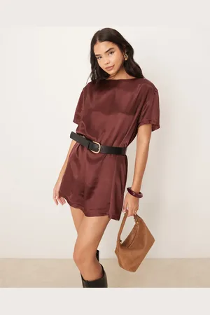 Miss Selfridge Satin oversized mini t-shirt dress in chocolate