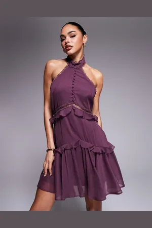 ASOS Lace insert halter tiered mini in aubergine