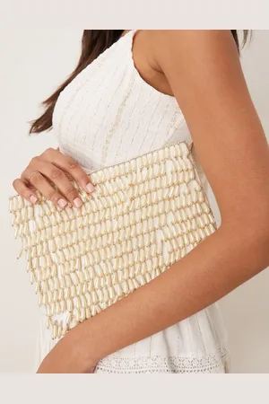 ASOS Zip top clutch with pearl droplets in cream