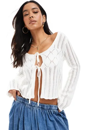 Hollister Long sleeve tie front crochet top in cream