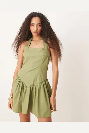 ASOS Halter mini dress with ruffle hem in washed khaki