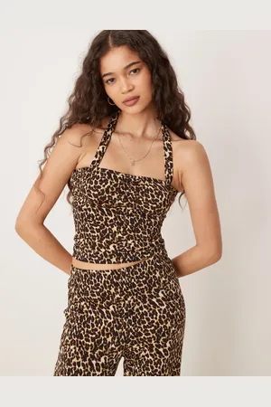 VILA Slinky jersey halter neck top co-ord in leopard print