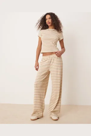 ASOS Waffle wide leg trousers co-ord in neutral stripe