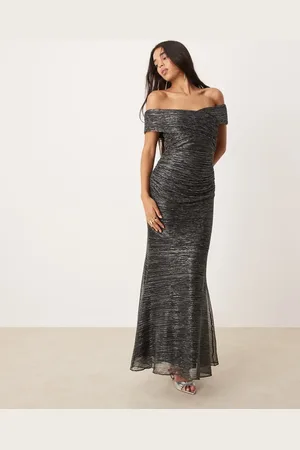 EVER NEW Ruched metallic plisse midaxi dress in charcoal
