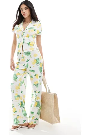 ASOS Wide leg boxer waffle trouser co-ord in lemon drink print
