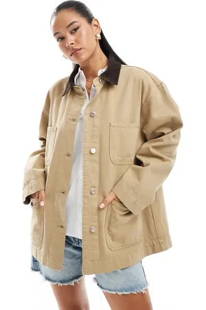 ASOS Denim barn jacket with contrast collar in stone