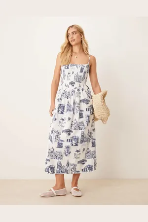 Abercrombie & Fitch Dipped waist smocked poplin midi dress in