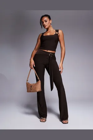 Kaiia Exclusive slinky gold hardware belt detail trouser co-ord in chocolate