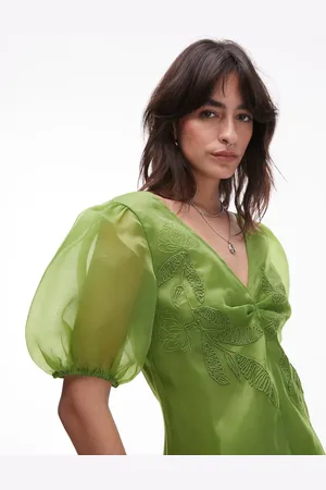 Topshop Embroidered organza puff sleeve top in