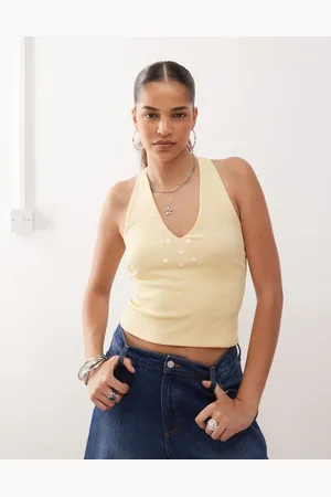 COLLUSION Halter neck buttermilk top with pearl style button