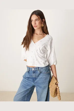 VILA Half sleeve button front broderie top in