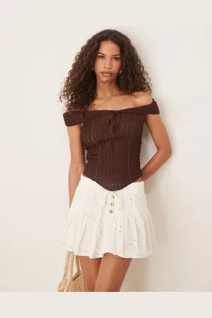 ASOS Texture off the shoulder short sleeve top with tie detail in chocolate