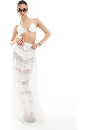 Miss Selfridge Beach chiffon ruffle tiered maxi skirt in cream