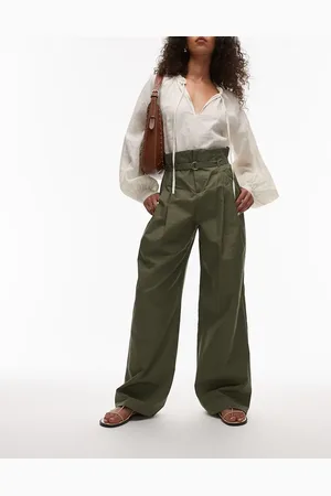 MANGO Cotton wide leg pleat front trouser with belted waist in khaki