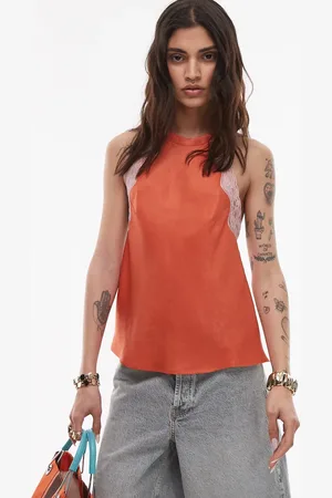 Topshop Halterneck top in deep with pink contrast lace
