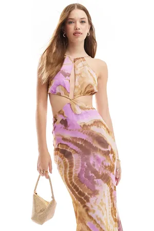 ASOS Halter cut out midaxi dress with satin bodice in soft rust