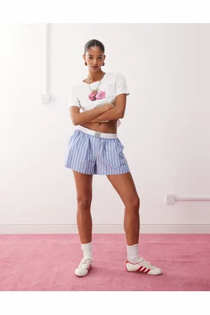 Monki Pull on boxer shorts with foldable waistband in and white stripe