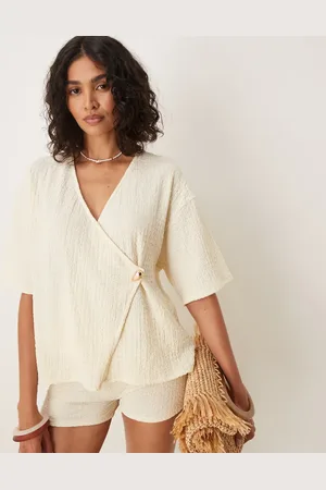 ASOS Textured shirt co-ord with shell button detail shirt in cream