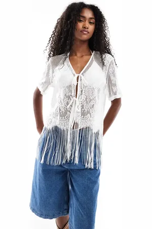 Pieces® Tie front western cardigan with fringe hem in cream