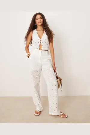 MANGO Straight leg broderie detaile trouser co-ord in
